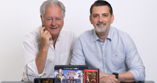 Blaze Entertainment Dominic Wheatley Chairman and Andrew Byatt CEO with Evercade EXP R console retail packaging and cartridge box Blaze Entertainment’s new Chairman reunites with Lara Croft ahead of Evercade summer release