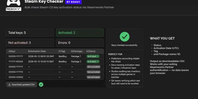 Steam key checker 2 [Industry news] Rokky launches new tool for games studios to manage status of Steam keys